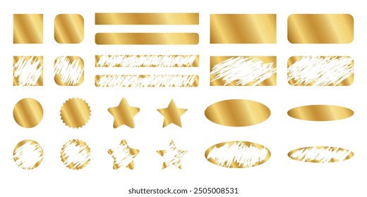 Set of golden scratchcard surfaces in square and circle, rectangle and oval, star forms with new and scraped textures. Raffle, sale coupon or promo code card templates. Vector illustration.