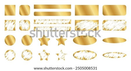 Set of golden scratchcard surfaces in square and circle, rectangle and oval, star forms with new and scraped textures. Raffle, sale coupon or promo code card templates. Vector illustration.