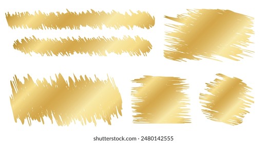 Set of golden scratchy scratchcard textures. Collection of gold scratch cards, lucky game tickets, lotto winner, money prize or sale coupon templates isolated on white background. Vector illustration.