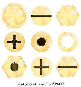 Set of golden screw heads. Vector illustration isolated on white background