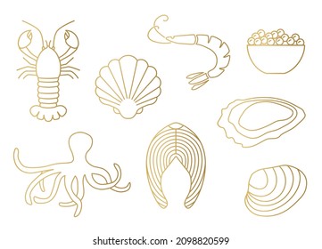 set of golden seafood icons: lobster, clam, shrimp, caviar, octopus, salmon, oyster - vector illustration