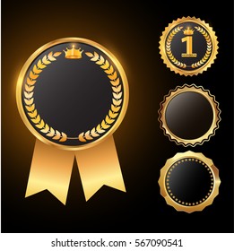 Set of golden seal of quality template with ribbon