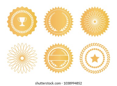 Set of golden seals with star, champion cap, laurel branches abstract graphic elements vector set exclusive golden stamps certificate labels water marks