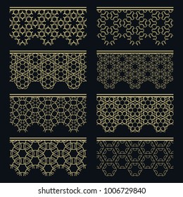 Set of golden seamless borders, line patterns. Tribal ethnic arabic, indian decorative ornaments, fashion gold lace collection. Isolated design elements for headline, banners, wedding invitation cards