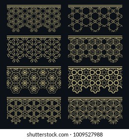 Set of golden seamless borders, line patterns. Tribal ethnic arabic, indian decorative ornaments, fashion gold lace collection. Isolated design elements for headline, banners, wedding invitation cards