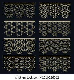 Set of golden seamless borders, line patterns. Tribal ethnic arabic, indian decorative ornaments, fashion gold lace collection. Isolated design elements for headline, banners, wedding invitation cards