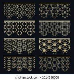 Set of golden seamless borders, line patterns. Tribal ethnic arabic, indian decorative ornaments, fashion gold lace collection. Isolated design elements for headline, banners, wedding invitation cards