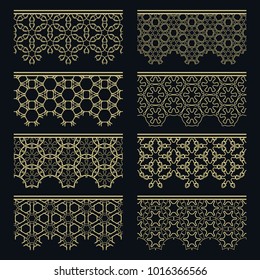 Set of golden seamless borders, line patterns. Tribal ethnic arabic, indian decorative ornaments, fashion gold lace collection. Isolated design elements for headline, banners, wedding invitation cards