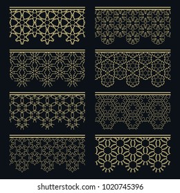 Set of golden seamless borders, line patterns. Tribal ethnic arabic, indian decorative ornaments, fashion gold lace collection. Isolated design elements for headline, banners, wedding invitation cards
