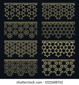 Set of golden seamless borders, line patterns. Tribal ethnic arabic, indian decorative ornaments, fashion gold lace collection. Isolated design elements for headline, banners, wedding invitation cards