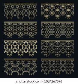 Set of golden seamless borders, line patterns. Tribal ethnic arabic, indian decorative ornaments, fashion gold lace collection. Isolated design elements for headline, banners, wedding invitation cards