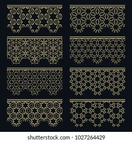 Set of golden seamless borders, line patterns. Tribal ethnic arabic, indian decorative ornaments, fashion gold lace collection. Isolated design elements for headline, banners, wedding invitation cards