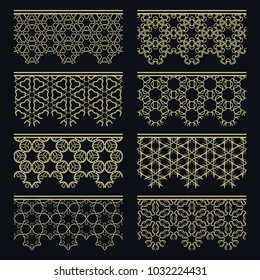 Set of golden seamless borders, line patterns. Tribal ethnic arabic, indian decorative ornaments, fashion gold lace collection. Isolated design elements for headline, banners, wedding invitation cards