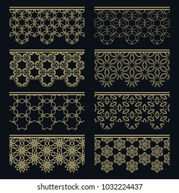 Set of golden seamless borders, line patterns. Tribal ethnic arabic, indian decorative ornaments, fashion gold lace collection. Isolated design elements for headline, banners, wedding invitation cards