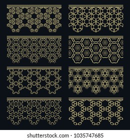 Set of golden seamless borders, line patterns. Tribal ethnic arabic, indian decorative ornaments, fashion gold lace collection. Isolated design elements for headline, banners, wedding invitation cards