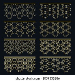 Set of golden seamless borders, line patterns. Tribal ethnic arabic, indian decorative ornaments, fashion gold lace collection. Isolated design elements for headline, banners, wedding invitation cards