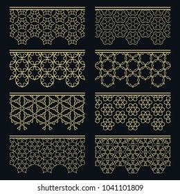 Set of golden seamless borders, line patterns. Tribal ethnic arabic, indian decorative ornaments, fashion gold lace collection. Isolated design elements for headline, banners, wedding invitation cards