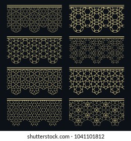 Set of golden seamless borders, line patterns. Tribal ethnic arabic, indian decorative ornaments, fashion gold lace collection. Isolated design elements for headline, banners, wedding invitation cards