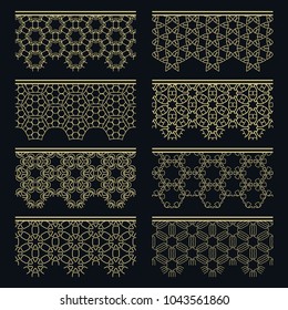 Set of golden seamless borders, line patterns. Tribal ethnic arabic, indian decorative ornaments, fashion gold lace collection. Isolated design elements for headline, banners, wedding invitation cards