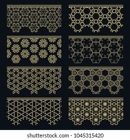Set of golden seamless borders, line patterns. Tribal ethnic arabic, indian decorative ornaments, fashion gold lace collection. Isolated design elements for headline, banners, wedding invitation cards