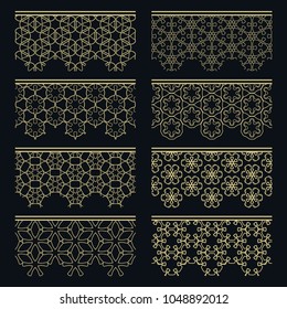Set of golden seamless borders, line patterns. Tribal ethnic arabic, indian decorative ornaments, fashion gold lace collection. Isolated design elements for headline, banners, wedding invitation cards
