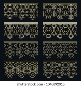 Set of golden seamless borders, line patterns. Tribal ethnic arabic, indian decorative ornaments, fashion gold lace collection. Isolated design elements for headline, banners, wedding invitation cards
