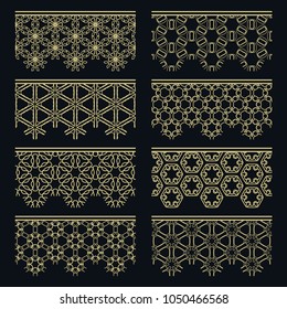 Set of golden seamless borders, line patterns. Tribal ethnic arabic, indian decorative ornaments, fashion gold lace collection. Isolated design elements for headline, banners, wedding invitation cards