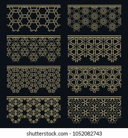 Set of golden seamless borders, line patterns. Tribal ethnic arabic, indian decorative ornaments, fashion gold lace collection. Isolated design elements for headline, banners, wedding invitation cards