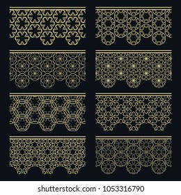 Set of golden seamless borders, line patterns. Tribal ethnic arabic, indian decorative ornaments, fashion gold lace collection. Isolated design elements for headline, banners, wedding invitation cards