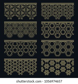 Set of golden seamless borders, line patterns. Tribal ethnic arabic, indian decorative ornaments, fashion gold lace collection. Isolated design elements for headline, banners, wedding invitation cards