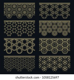 Set of golden seamless borders, line patterns. Tribal ethnic arabic, indian decorative ornaments, fashion gold lace collection. Isolated design elements for headline, banners, wedding invitation cards