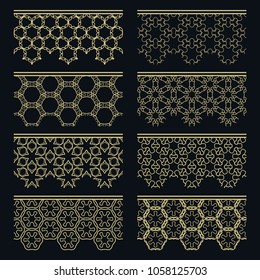 Set of golden seamless borders, line patterns. Tribal ethnic arabic, indian decorative ornaments, fashion gold lace collection. Isolated design elements for headline, banners, wedding invitation cards