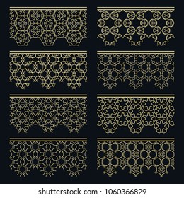 Set of golden seamless borders, line patterns. Tribal ethnic arabic, indian decorative ornaments, fashion gold lace collection. Isolated design elements for headline, banners, wedding invitation cards
