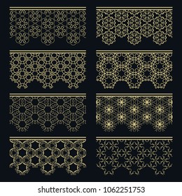 Set of golden seamless borders, line patterns. Tribal ethnic arabic, indian decorative ornaments, fashion gold lace collection. Isolated design elements for headline, banners, wedding invitation cards