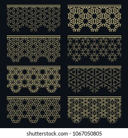 Set of golden seamless borders, line patterns. Tribal ethnic arabic, indian decorative ornaments, fashion gold lace collection. Isolated design elements for headline, banners, wedding invitation cards