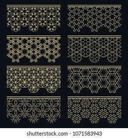 Set of golden seamless borders, line patterns. Tribal ethnic arabic, indian decorative ornaments, fashion gold lace collection. Isolated design elements for headline, banners, wedding invitation cards