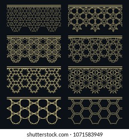Set of golden seamless borders, line patterns. Tribal ethnic arabic, indian decorative ornaments, fashion gold lace collection. Isolated design elements for headline, banners, wedding invitation cards