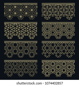 Set of golden seamless borders, line patterns. Tribal ethnic arabic, indian decorative ornaments, fashion gold lace collection. Isolated design elements for headline, banners, wedding invitation cards