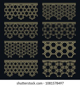 Set of golden seamless borders, line patterns. Tribal ethnic arabic, indian decorative ornaments, fashion gold lace collection. Isolated design elements for headline, banners, wedding invitation cards