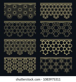 Set of golden seamless borders, line patterns. Tribal ethnic arabic, indian decorative ornaments, fashion gold lace collection. Isolated design elements for headline, banners, wedding invitation cards