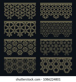 Set of golden seamless borders, line patterns. Tribal ethnic arabic, indian decorative ornaments, fashion gold lace collection. Isolated design elements for headline, banners, wedding invitation cards