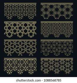 Set of golden seamless borders, line patterns. Tribal ethnic arabic, indian decorative ornaments, fashion gold lace collection. Isolated design elements for headline, banners, wedding invitation cards