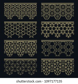 Set of golden seamless borders, line patterns. Tribal ethnic arabic, indian decorative ornaments, fashion gold lace collection. Isolated design elements for headline, banners, wedding invitation cards