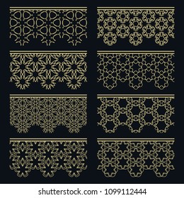 Set of golden seamless borders, line patterns. Tribal ethnic arabic, indian decorative ornaments, fashion gold lace collection. Isolated design elements for headline, banners, wedding invitation cards