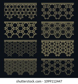 Set of golden seamless borders, line patterns. Tribal ethnic arabic, indian decorative ornaments, fashion gold lace collection. Isolated design elements for headline, banners, wedding invitation cards
