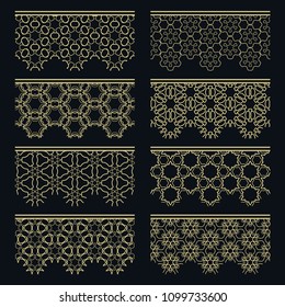 Set of golden seamless borders, line patterns. Tribal ethnic arabic, indian decorative ornaments, fashion gold lace collection. Isolated design elements for headline, banners, wedding invitation cards