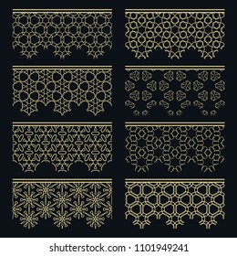 Set of golden seamless borders, line patterns. Tribal ethnic arabic, indian decorative ornaments, fashion gold lace collection. Isolated design elements for headline, banners, wedding invitation cards