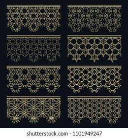 Set of golden seamless borders, line patterns. Tribal ethnic arabic, indian decorative ornaments, fashion gold lace collection. Isolated design elements for headline, banners, wedding invitation cards