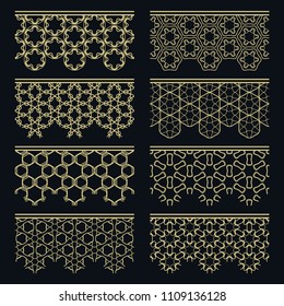 Set of golden seamless borders, line patterns. Tribal ethnic arabic, indian decorative ornaments, fashion gold lace collection. Isolated design elements for headline, banners, wedding invitation cards