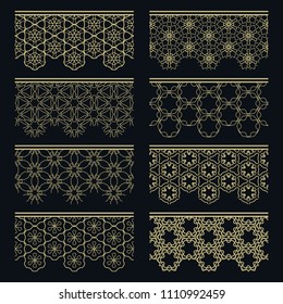 Set of golden seamless borders, line patterns. Tribal ethnic arabic, indian decorative ornaments, fashion gold lace collection. Isolated design elements for headline, banners, wedding invitation cards